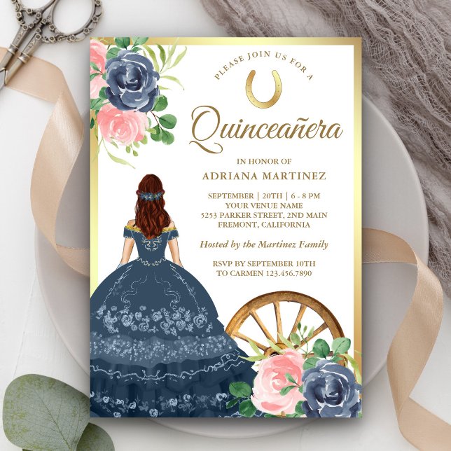 Navy Blue Floral Dress Charro Gold Quinceanera Einladung (Von Creator hochgeladen)