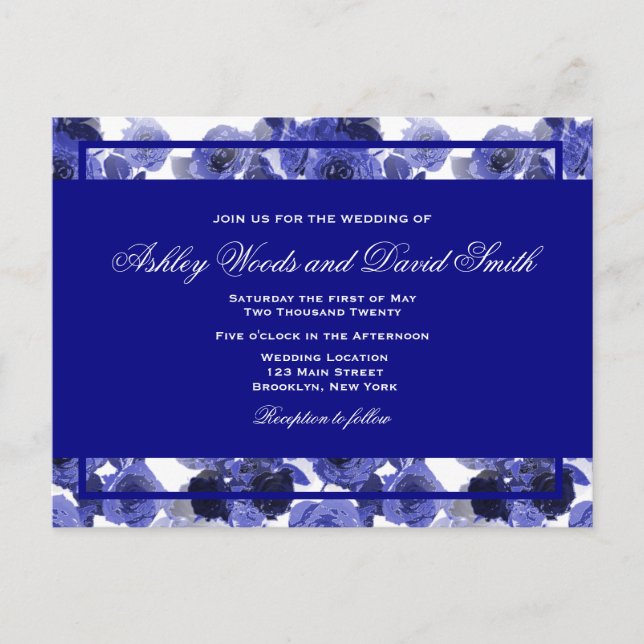 Navy Blue Floral Elegante Script Hochzeit Postcard Einladungspostkarte (Vorderseite)