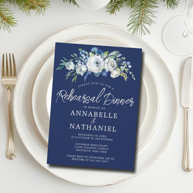 Navy Blue Floral Elegante Winter Probe Abendessen Einladung (Von Creator hochgeladen)