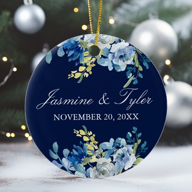 Navy Blue Floral Elegantes Custom Wedding Foto Keramik Ornament (Von Creator hochgeladen)