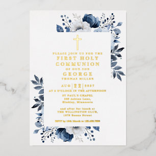 Navy Blue Floral First Heilige Kommunion Gold Folieneinladung