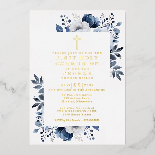 Navy Blue Floral First Heilige Kommunion Gold Folieneinladung (Vorderseite)
