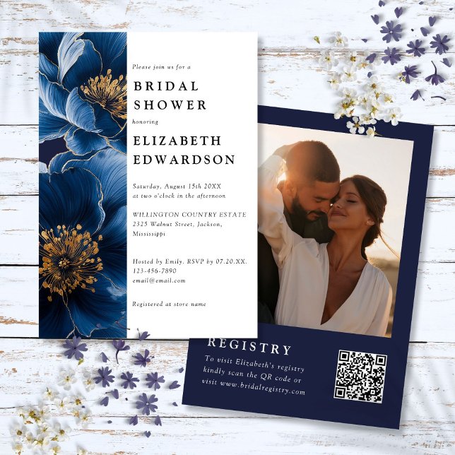 Navy Blue Floral Foto QR Code Brautparty Einladung (Navy Blue Floral Photo QR Code Bridal Shower Invitation)