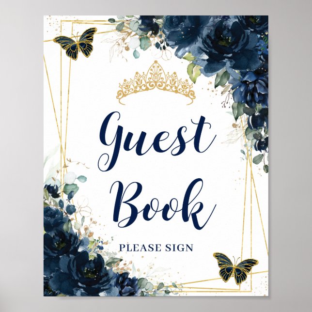 Navy Blue Floral Gold Quinceñera Gästebuch (Vorne)