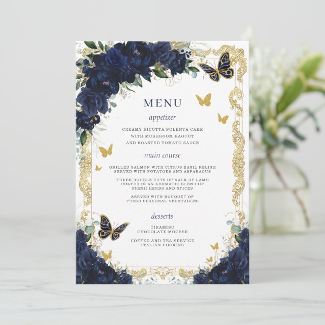 Navy Blue Floral Gold Schmetterlinge Quinceanera Programm (Stehend Vorderseite)