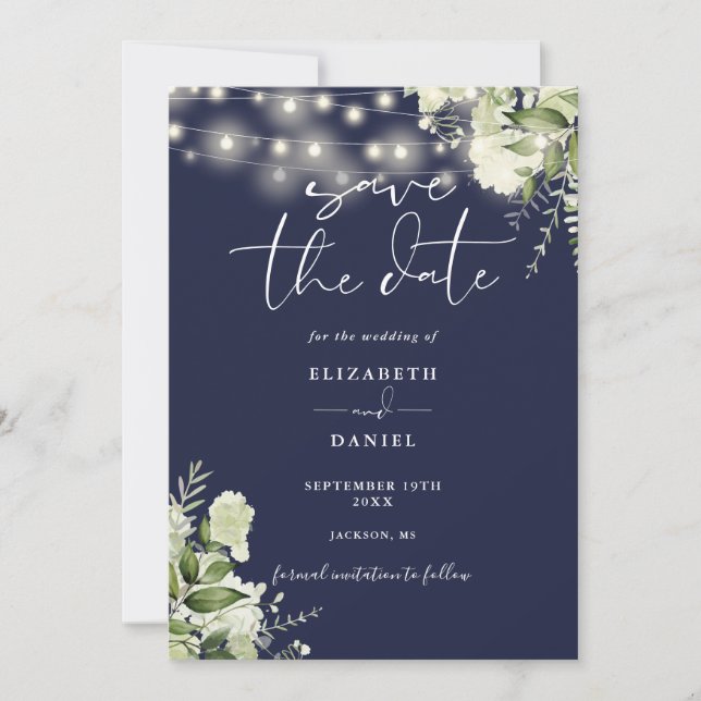 Navy Blue Floral Greenery String Lights Wedding Save The Date (Vorderseite)