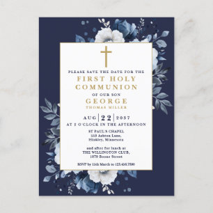 Navy Blue Floral Heilige Kommune Save the Date Postkarte