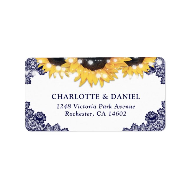 Navy Blue Floral Lace Sunflower Wedding Adressaufkleber (Vorne)