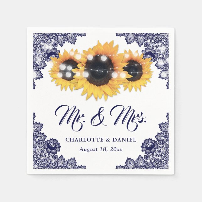 Navy Blue Floral Lace Sunflower Wedding Serviette (Vorderseite)
