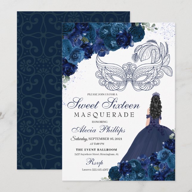 Navy Blue Floral Masquerade Sweet 16 Einladung (Vorne/Hinten)