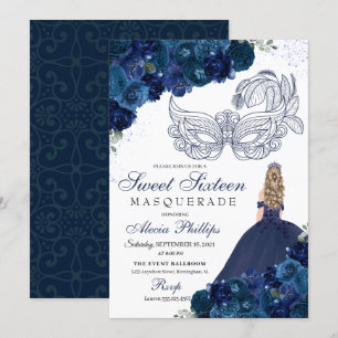 Navy Blue Floral Masquerade Sweet 16 Einladung