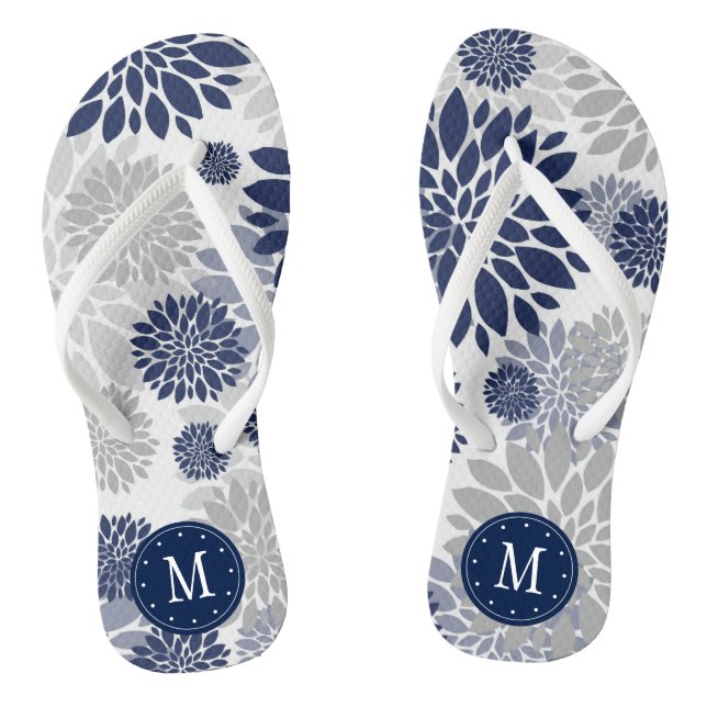 Navy Blue Floral Monogramm Flip Flops (Fußbett)
