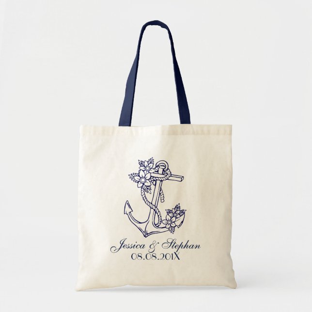 Navy Blue Floral Nautical Anchor Tragetasche (Vorne)