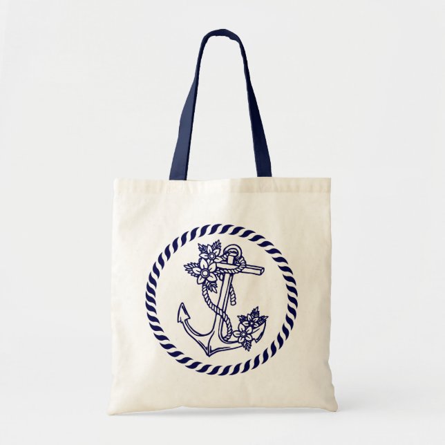 Navy Blue Floral Nautical Anker und Kranz Tragetasche (Vorne)