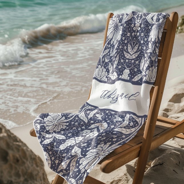 Navy Blue Floral Personalisiert William Morris Sty Strandtuch (Von Creator hochgeladen)