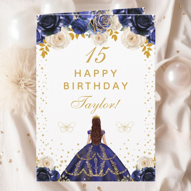Navy Blue Floral Princess Happy Birthday Karte (Von Creator hochgeladen)
