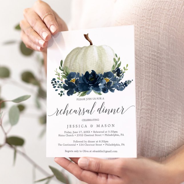 Navy Blue Floral Pumpkin Probe Dinner Invitati Einladung (Von Creator hochgeladen)