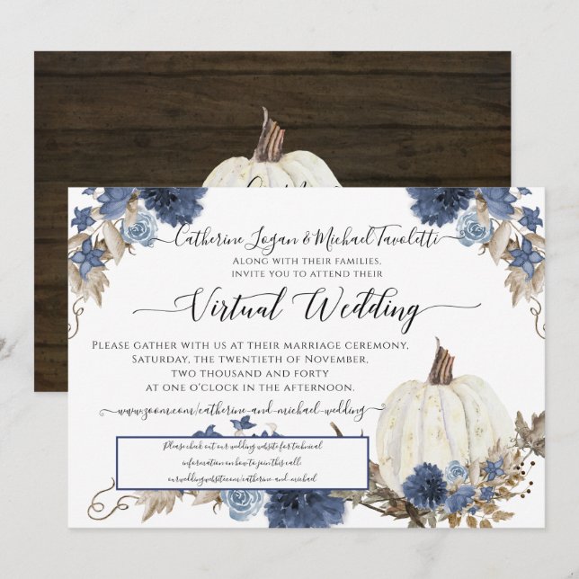 Navy Blue Floral Pumpkin Rustic Virtual Wedding Einladung (Vorne/Hinten)