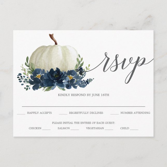 Navy Blue Floral Pumpkin Wedding RSVP Postcard Postkarte (Vorderseite)
