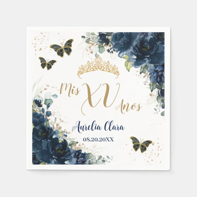 Navy Blue Floral Quinceanera Gold Schmetterlinge Serviette (Vorderseite)