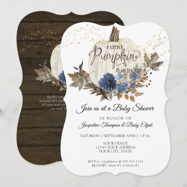 Navy Blue Floral Rustic White Pumpkin Baby Dusche Einladung (Vorne/Hinten)