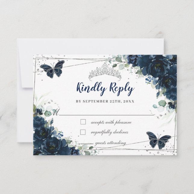 Navy Blue Floral Silberschmetterlinge Quinceañera RSVP Karte (Vorderseite)