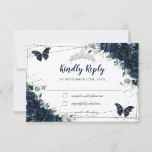 Navy Blue Floral Silberschmetterlinge Quinceañera RSVP Karte