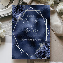 Navy Blue Floral Silver Frame Imitate Hochzeit Einladung