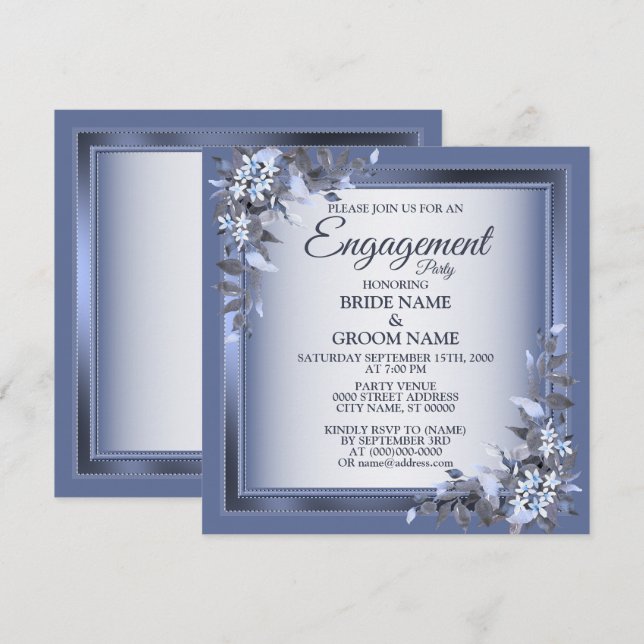 Navy Blue Floral Silver Gray Engagement Party Einladung (Vorne/Hinten)