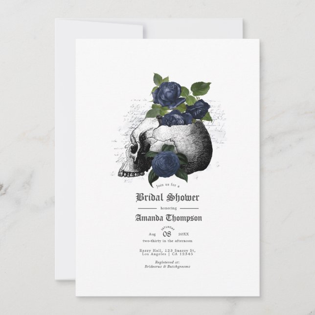 Navy Blue Floral Skull Gothic Brautparty Invita Einladung (Vorderseite)
