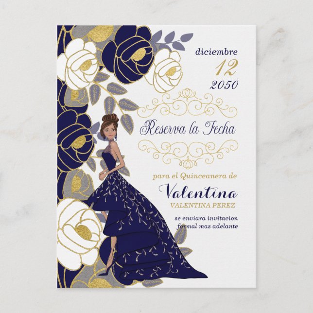 Navy Blue Floral Spanish Quincanera Save the Date Ankündigungspostkarte (Vorderseite)