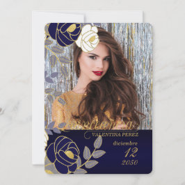 Navy Blue Floral Spanish Quinceanera with Photo Einladung