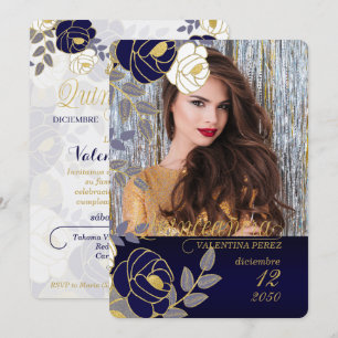 Navy Blue Floral Spanish Quinceanera with Photo Einladung