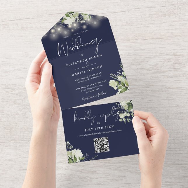 Navy Blue Floral String Lights QR Code Wedding All In One Einladung (Abreißen)