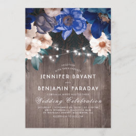 Navy Blue Floral String Lights Rustikale Hochzeit Einladung