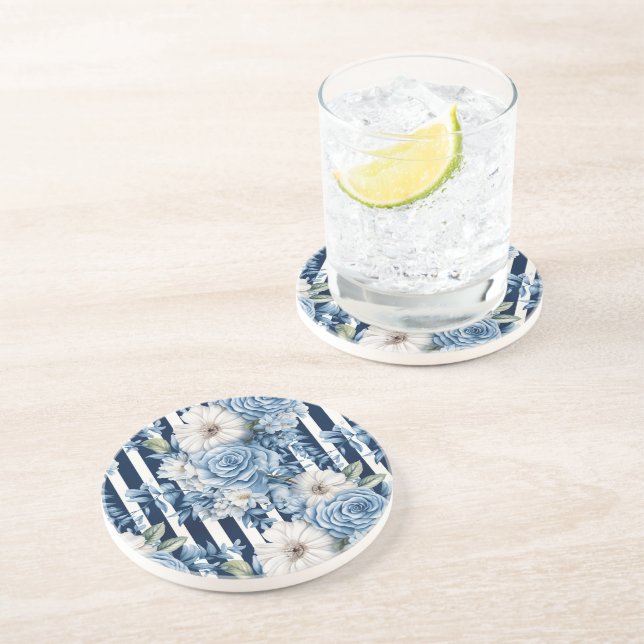 Navy Blue Floral Stripes Brautparty Getränkeuntersetzer (Seite)