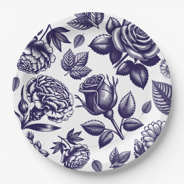 Navy Blue Floral Vintag Pappteller (Vorderseite)
