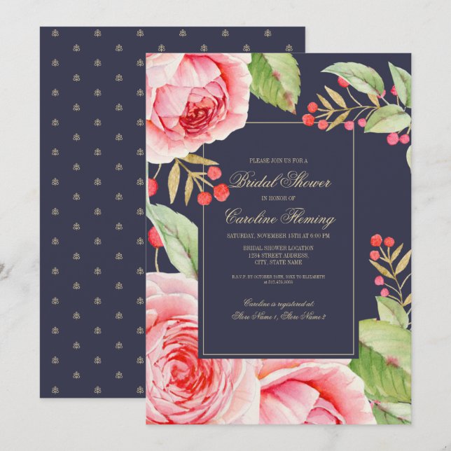 Navy Blue Floral Watercolor Brautparty Einladung (Vorne/Hinten)
