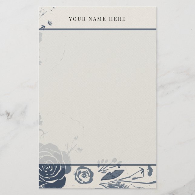 Navy Blue Floral Watercolor with Name Briefpapier (Vorderseite)