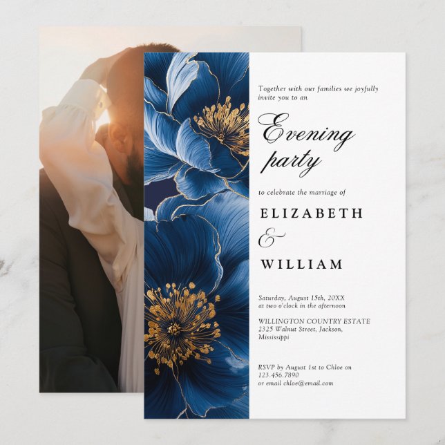 Navy Blue Floral Wedding Abend Party Foto Einladung (Vorne/Hinten)