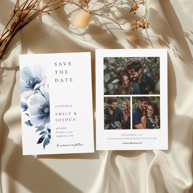 Navy Blue Floral Wedding Foto Save The Date (Von Creator hochgeladen)