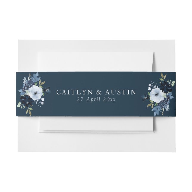 Navy Blue floral wedding invitation belly band (Vorderseite Beispiel)