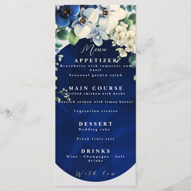 Navy Blue Floral Wedding Menu Menükarte (Vorderseite)