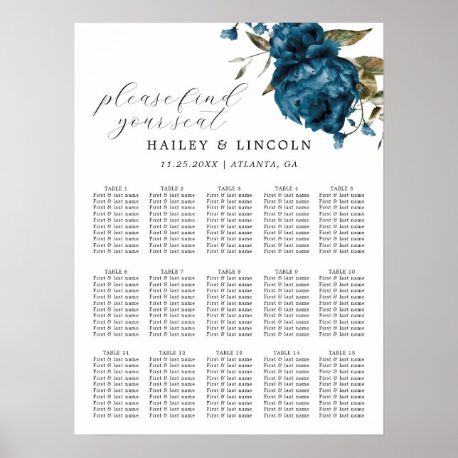 Navy Blue Floral Wedding Seating Chart Poster (Vorne)