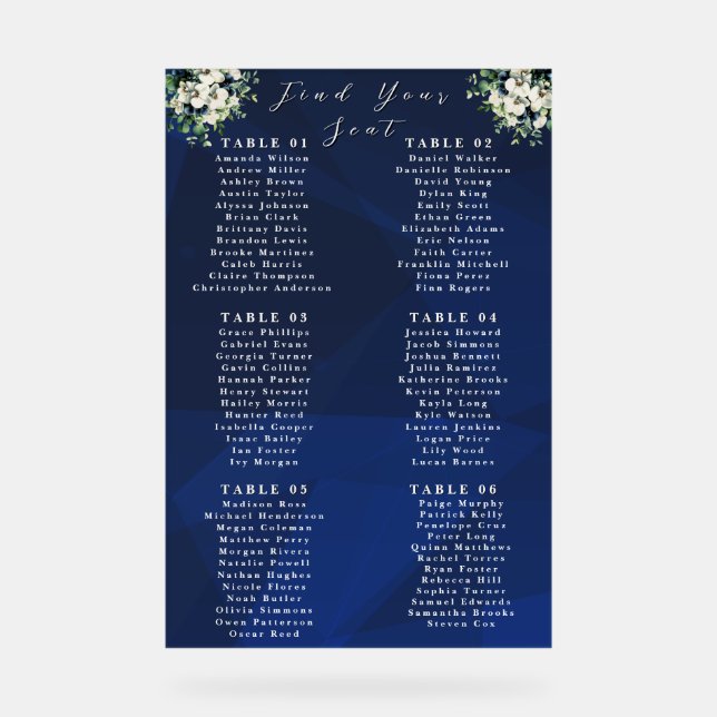 Navy Blue Floral Wedding Seating Chart Sign Acrylschild (Vorderseite)