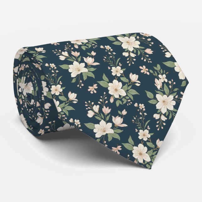 Navy Blue Floral White Blossom  Krawatte (Gerollt)
