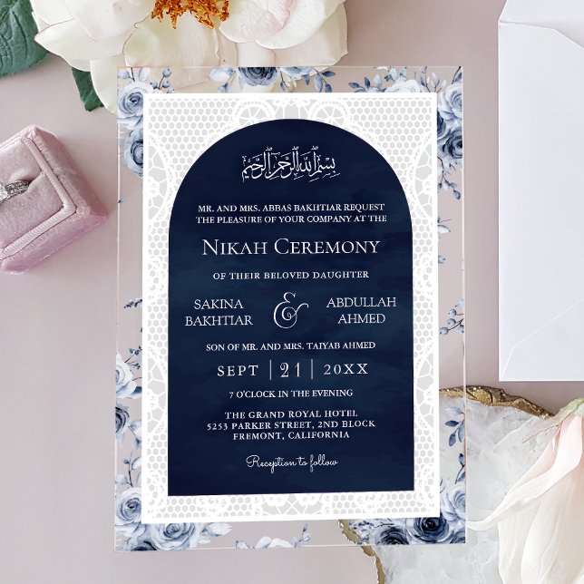 Navy Blue Floral White Lace Muslim Wedding Acryleinladungen (Von Creator hochgeladen)