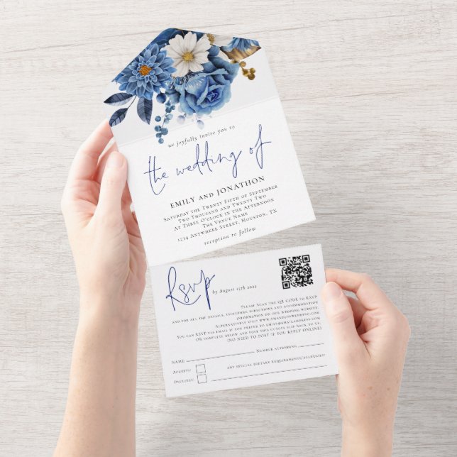 Navy Blue Florals QR Code Skript Hochzeit All In One Einladung (Abreißen)