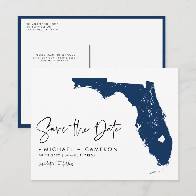 Navy Blue Florida Staat Karte QR-Code Save the Dat (Vorne/Hinten)