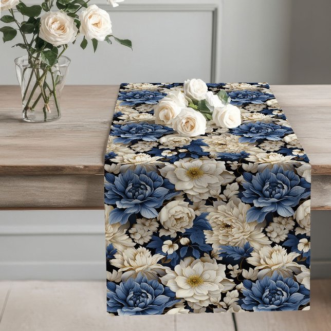 Navy Blue Flowers Elegant Table Decor Runner Großer Tischläufer (Navy Blue Flowers Elegant Table Decor Runner)